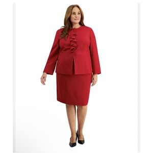 Le Suit Plus Size Cascade Ruffle Skirt Suit Set Size‎ 16W Cherry Red